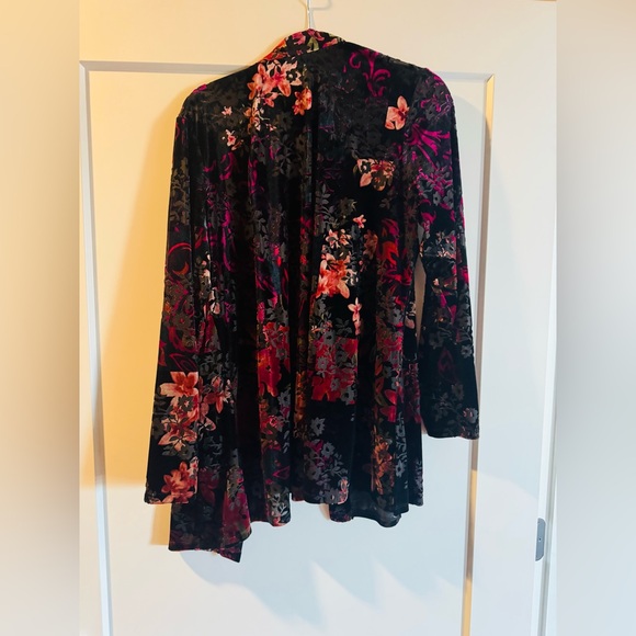 Susan Graver Black and Pink Floral Burnout Velvet cardigan - Picture 2 of 5
